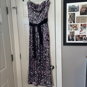 Dress the Population Purple & Black Sequin Strapless Jumpsuit